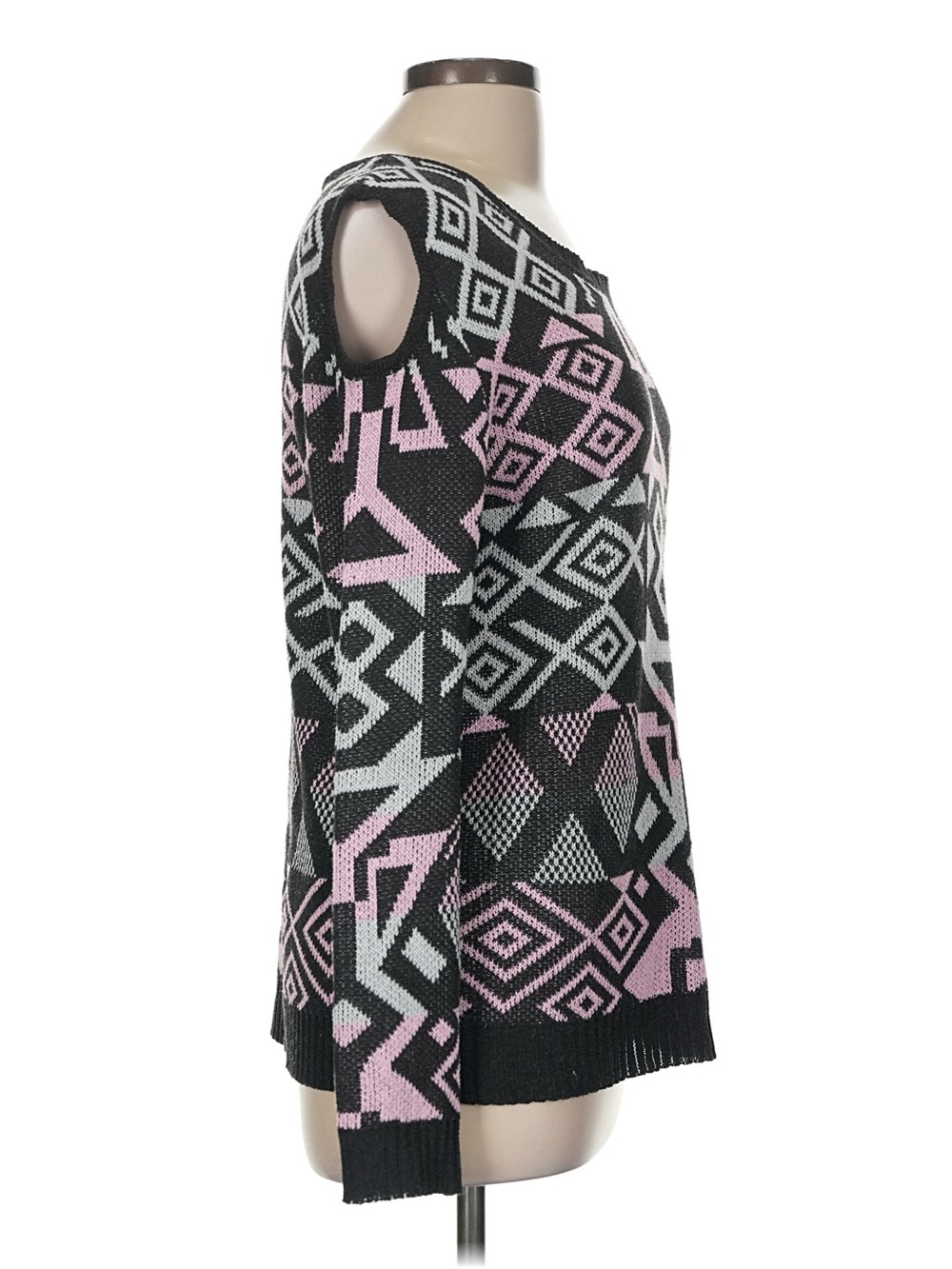 Women's vintage Black & Pink Geometric Cold-Shoulder Sweater - Picture 6 of 8